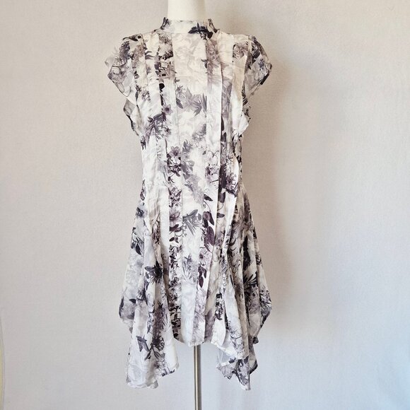 AllSaints Fleur Audrey Floral Print Asymmetric Mini Dress Mono White - Picture 2 of 16